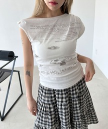 レタリング プリント アシメ オフショルダー クロップド 半袖 Tシャツ