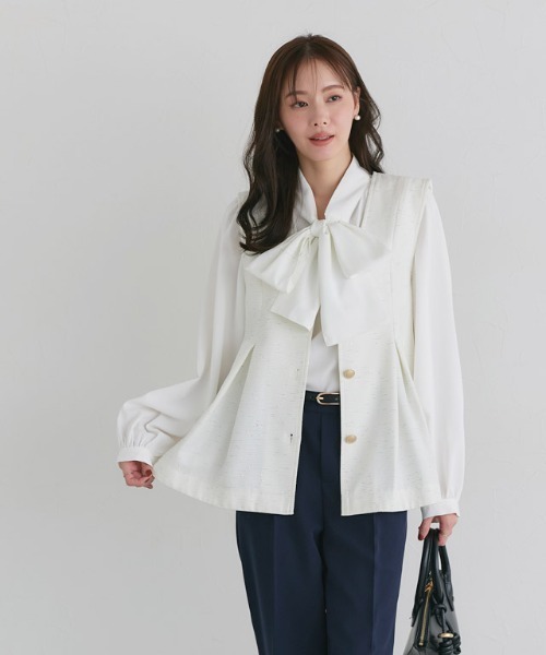 Pierrot（ピエロ）の「柄が選べる2wayリボンギャザーブラウス（シャツ/ブラウス・レディース・ネイビー×ホワイト/ブラック系その他/アイボリー/ブラック系その他2/ブラック系/オフホワイト/ベージュ系その他/ホワイト系その他/ブラック系その他3・S/M/L）」の19枚目の写真