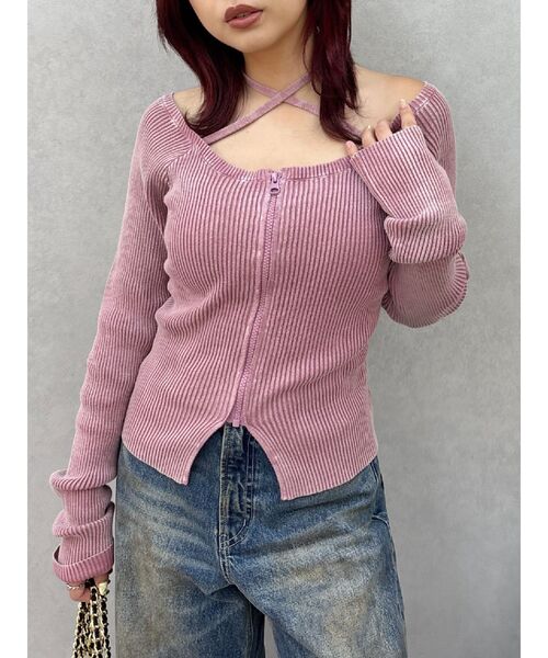 EVRIS（エヴリス）の「ピグメントジップホルターネックニットトップス（ニット/セーター・レディース・ブラック/ネイビー/ホワイト/ピンク・FREE）」の4枚目の写真