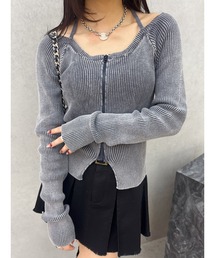ピグメントジップホルターネックニットトップス