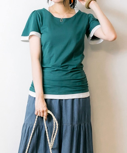 MARAI(マーライ)の「フレアー袖 シャーリング半袖カットソー(Tシャツ/カットソー・レディース・ブラック×グレー/ネイビー×ホワイト/グレー×ホワイト/ホワイト×ブルー/ホワイト×グレー・3L/4L/L/LL/M)」の2枚目の写真