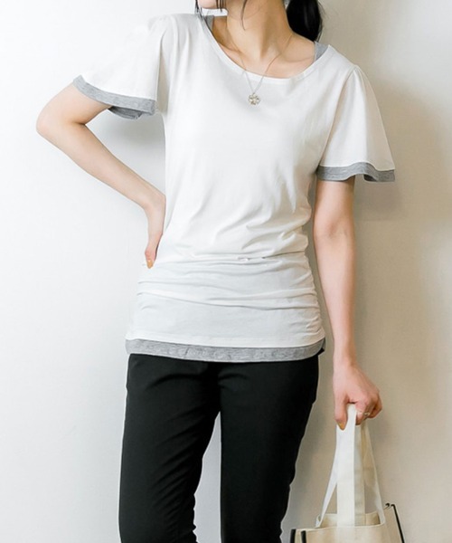 MARAI(マーライ)の「フレアー袖 シャーリング半袖カットソー(Tシャツ/カットソー・レディース・ブラック×グレー/ネイビー×ホワイト/グレー×ホワイト/ホワイト×ブルー/ホワイト×グレー・3L/4L/L/LL/M)」の3枚目の写真