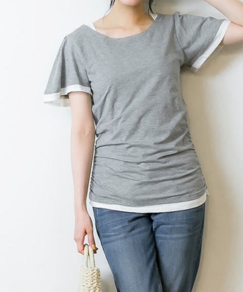 MARAI(マーライ)の「フレアー袖 シャーリング半袖カットソー(Tシャツ/カットソー・レディース・ブラック×グレー/ネイビー×ホワイト/グレー×ホワイト/ホワイト×ブルー/ホワイト×グレー・3L/4L/L/LL/M)」の4枚目の写真