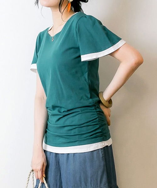 MARAI(マーライ)の「フレアー袖 シャーリング半袖カットソー(Tシャツ/カットソー・レディース・ブラック×グレー/ネイビー×ホワイト/グレー×ホワイト/ホワイト×ブルー/ホワイト×グレー・3L/4L/L/LL/M)」の7枚目の写真