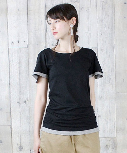MARAI(マーライ)の「フレアー袖 シャーリング半袖カットソー(Tシャツ/カットソー・レディース・ブラック×グレー/ネイビー×ホワイト/グレー×ホワイト/ホワイト×ブルー/ホワイト×グレー・3L/4L/L/LL/M)」の15枚目の写真