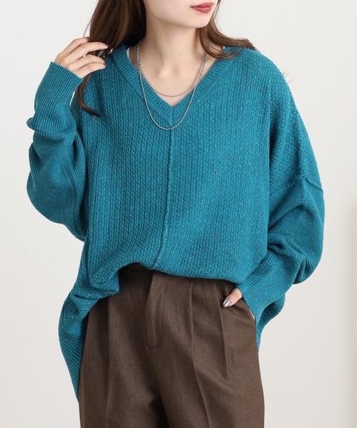 myke(ミーカ)の「myke カラーネップ Vネックドルマンニットプルオーバー(ニット/セーター・レディース・オレンジ/チャコール/ターコイズブルー・M)」の3枚目の写真