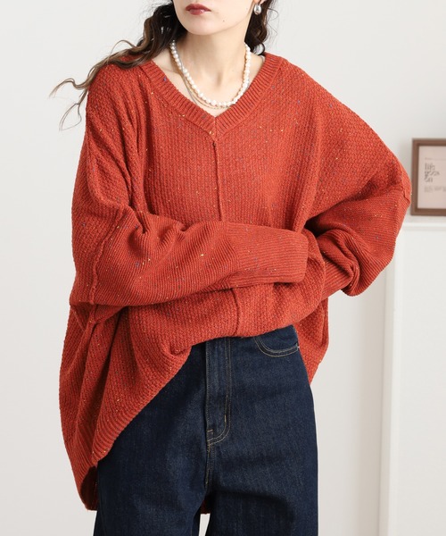 myke(ミーカ)の「myke カラーネップ Vネックドルマンニットプルオーバー(ニット/セーター・レディース・オレンジ/チャコール/ターコイズブルー・M)」の1枚目の写真
