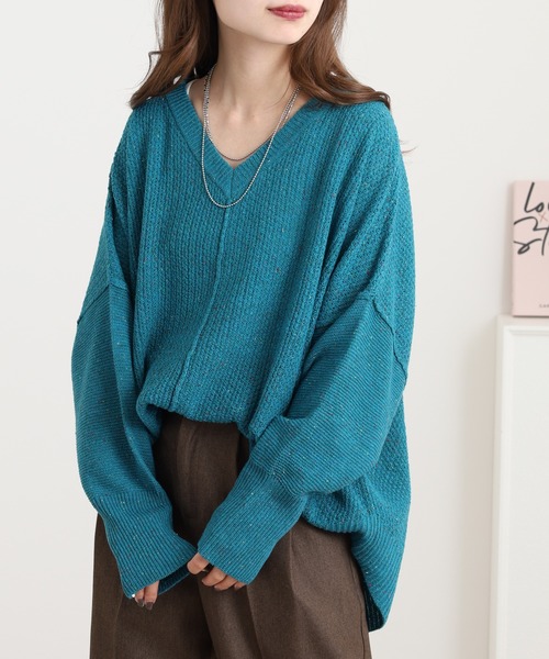 myke(ミーカ)の「myke カラーネップ Vネックドルマンニットプルオーバー(ニット/セーター・レディース・オレンジ/チャコール/ターコイズブルー・M)」の5枚目の写真