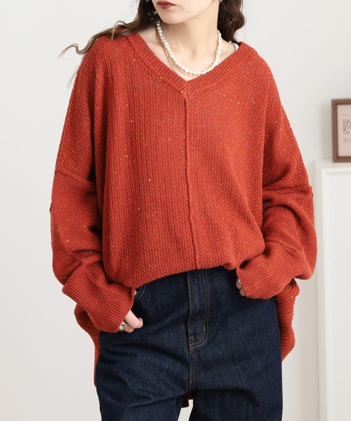 myke(ミーカ)の「myke カラーネップ Vネックドルマンニットプルオーバー(ニット/セーター・レディース・オレンジ/チャコール/ターコイズブルー・M)」の8枚目の写真