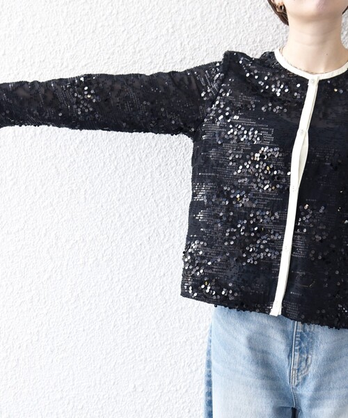 セール】SHIPS any: スパンコール ジャカード バイカラー クルーネック