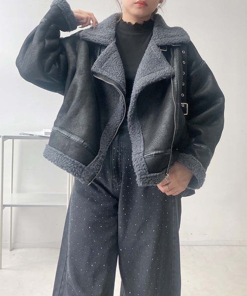 AS KNOW AS plus(アズノゥアズプラス)の「♪裏ボア フェイクムートンライダースジャケット(ライダースジャケット・レディース・ブラウン/ブラック/グレー・FREE)」の6枚目の写真