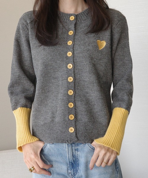 配色ボタン × ハート刺繍ニットカーデ（カーディガン/ボレロ）｜PIN