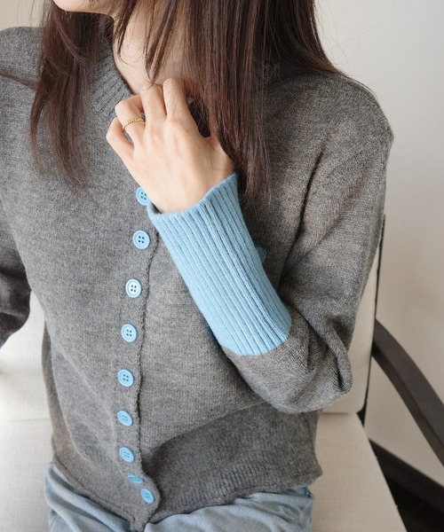 配色ボタン × ハート刺繍ニットカーデ（カーディガン/ボレロ）｜PIN