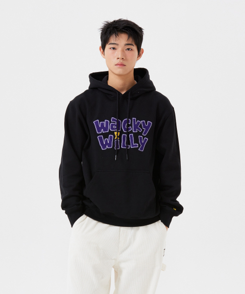 Wacky WiLLy(ワッキーウィリー)の「起毛タイポグラフィックフードブラック(パーカー・レディース・その他・SMALL/MEDIUM/LARGE/X-LARGE)」の1枚目の写真
