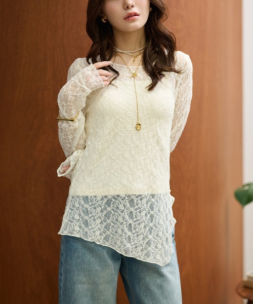LAULEN（ローレン）の「side slit lace sheer tops /サイドスリットレースシアートップス（その他トップス・レディース・アイボリー/ブラック・FREE）」の6枚目の写真