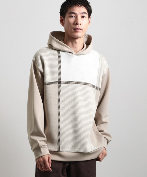 THE SHOP TK （ザ ショップ ティーケー ）の「【大人の休日スタイルにはこれ！】フロントチェック柄ニットパーカ　洗濯機OK（パーカー・メンズ・ベージュ系1/ネイビー系1/ホワイト系4・04/03/02）」の2枚目の写真