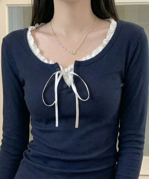 cammie(キャミー)の「リボンデザイントップス(Tシャツ/カットソー・レディース・ライトブルー/ネイビー・L/M)」の6枚目の写真