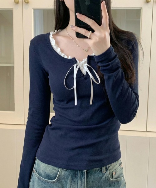 cammie(キャミー)の「リボンデザイントップス(Tシャツ/カットソー・レディース・ライトブルー/ネイビー・L/M)」の13枚目の写真