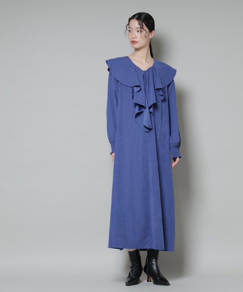 セール】取り外し可能ラッフルカラー付きピーチフレアワンピース