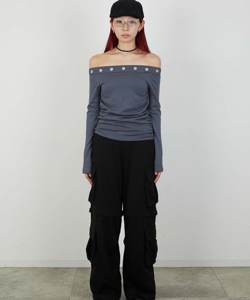 led.tokyo（レッドトウキョウ）の「【led.tokyo】EYELET ONESHOUL/アイレットオフショル（Tシャツ/カットソー・レディース・チャコールグレー/ブラック・FREE）」の11枚目の写真