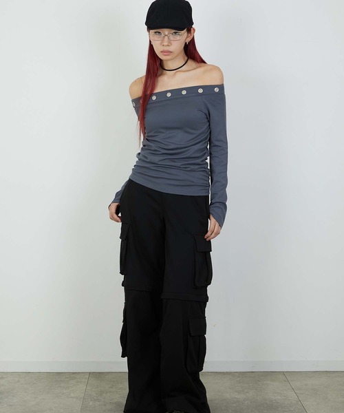 led.tokyo（レッドトウキョウ）の「【led.tokyo】EYELET ONESHOUL/アイレットオフショル（Tシャツ/カットソー・レディース・チャコールグレー/ブラック・FREE）」の17枚目の写真