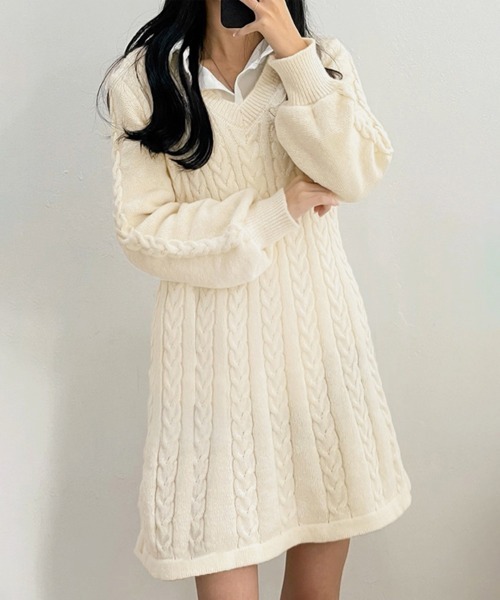 Miniministore(ミニミニストア)の「ニットワンピース ケーブル編みミニワンピ(ワンピース・レディース・スモークピンク/アイボリー/ブラック/ベージュ・FREE)」の1枚目の写真