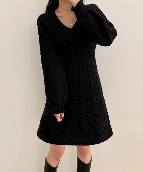Miniministore(ミニミニストア)の「ニットワンピース ケーブル編みミニワンピ(ワンピース・レディース・スモークピンク/アイボリー/ブラック/ベージュ・FREE)」の8枚目の写真