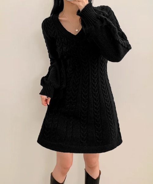 Miniministore(ミニミニストア)の「ニットワンピース ケーブル編みミニワンピ(ワンピース・レディース・スモークピンク/アイボリー/ブラック/ベージュ・FREE)」の9枚目の写真