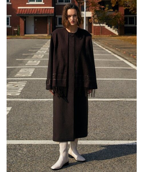 マフラーレイヤードロングコート_ブラウン
