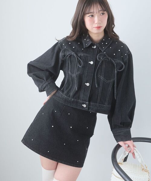 MAJESTIC LEGON（マジェスティックレゴン）の「ビジューリボンGジャン（ブルゾン・レディース・ブラック/サックスブルー/ピンクベージュ/アイボリー・MEDIUM/SMALL）」の3枚目の写真