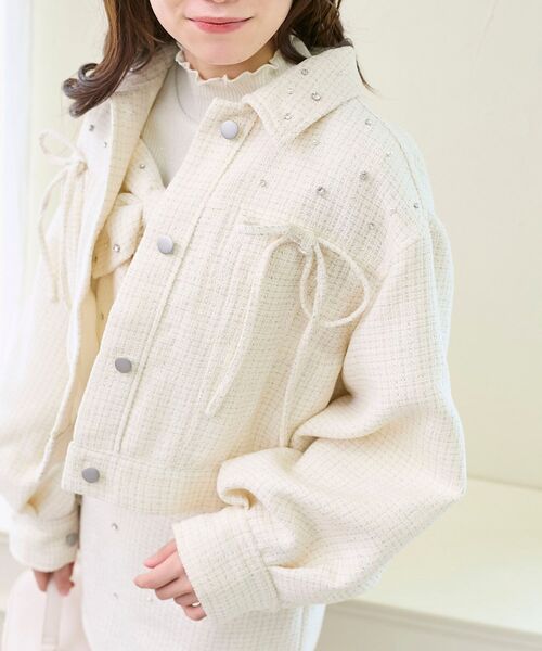 MAJESTIC LEGON（マジェスティックレゴン）の「ビジューリボンGジャン（ブルゾン・レディース・ブラック/サックスブルー/ピンクベージュ/アイボリー・MEDIUM/SMALL）」の14枚目の写真