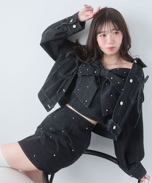 MAJESTIC LEGON（マジェスティックレゴン）の「ビジューリボンGジャン（ブルゾン・レディース・ブラック/サックスブルー/ピンクベージュ/アイボリー・MEDIUM/SMALL）」の19枚目の写真