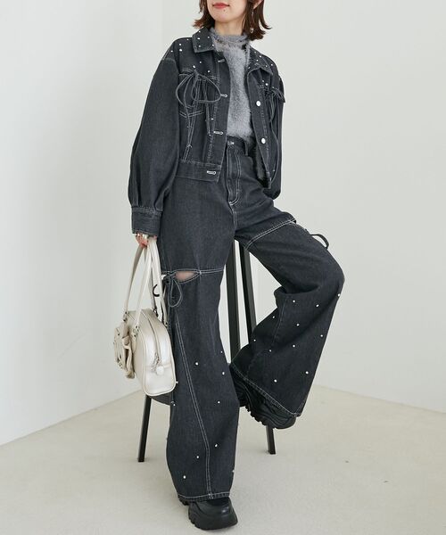 MAJESTIC LEGON（マジェスティックレゴン）の「ビジューリボンGジャン（ブルゾン・レディース・ブラック/サックスブルー/ピンクベージュ/アイボリー・MEDIUM/SMALL）」の21枚目の写真