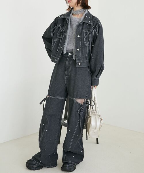 MAJESTIC LEGON（マジェスティックレゴン）の「ビジューリボンGジャン（ブルゾン・レディース・ブラック/サックスブルー/ピンクベージュ/アイボリー・MEDIUM/SMALL）」の17枚目の写真