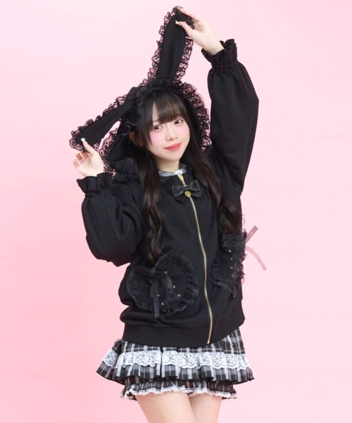 Secret Honey（シークレットハニー）の「オーガンジーフリルうさ耳パーカー（Tシャツ/カットソー・レディース・ブラック/オフホワイト/ピンク・FREE）」の2枚目の写真