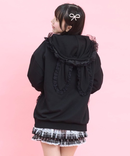Secret Honey（シークレットハニー）の「オーガンジーフリルうさ耳パーカー（Tシャツ/カットソー・レディース・ブラック/オフホワイト/ピンク・FREE）」の9枚目の写真