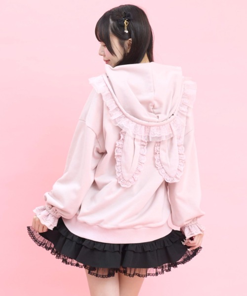 Secret Honey（シークレットハニー）の「オーガンジーフリルうさ耳パーカー（Tシャツ/カットソー・レディース・ブラック/オフホワイト/ピンク・FREE）」の13枚目の写真