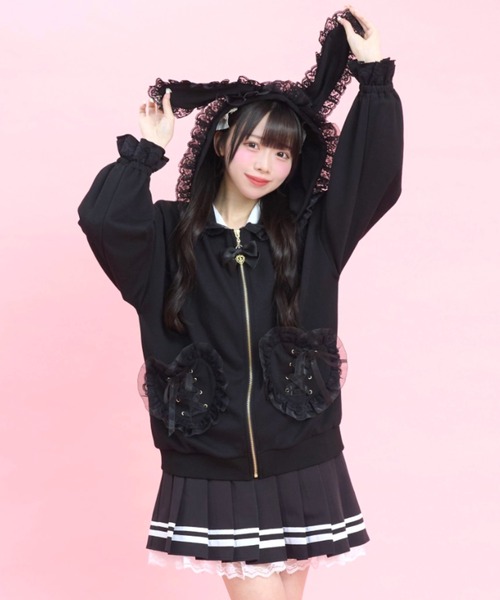 Secret Honey（シークレットハニー）の「オーガンジーフリルうさ耳パーカー（Tシャツ/カットソー・レディース・ブラック/オフホワイト/ピンク・FREE）」の11枚目の写真