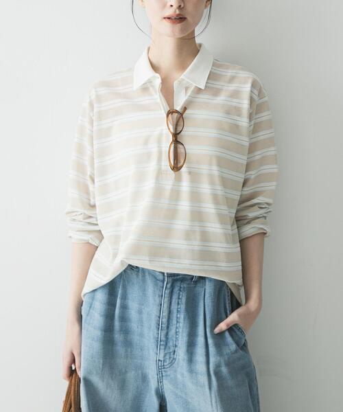 URBAN RESEARCH（アーバンリサーチ）の「シャツカラーマルチボーダーカットソー（シャツ/ブラウス・レディース・レッド/ベージュ/オフホワイト・FREE）」の3枚目の写真