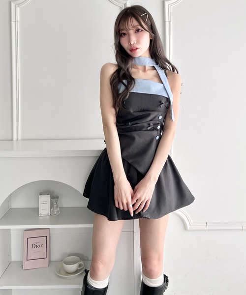 Loueme（ルエム）の「リボンギャザービスチェセットアップ【3点SET】（ワンピース・レディース・グレー/ピンク・FREE）」の5枚目の写真
