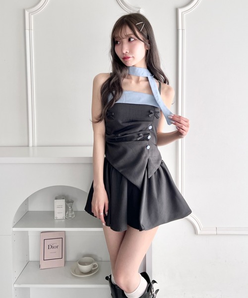Loueme（ルエム）の「リボンギャザービスチェセットアップ【3点SET】（ワンピース・レディース・グレー/ピンク・FREE）」の6枚目の写真