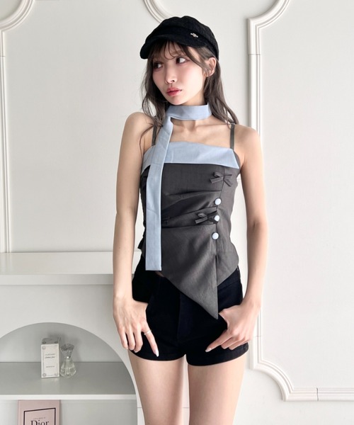 Loueme（ルエム）の「リボンギャザービスチェセットアップ【3点SET】（ワンピース・レディース・グレー/ピンク・FREE）」の10枚目の写真