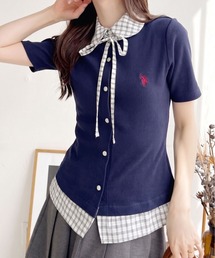 【Ada.別注 U.S. POLO ASSN.】チェックドッキング リボン 半袖 カーディガン レイヤード風 トップス ◎