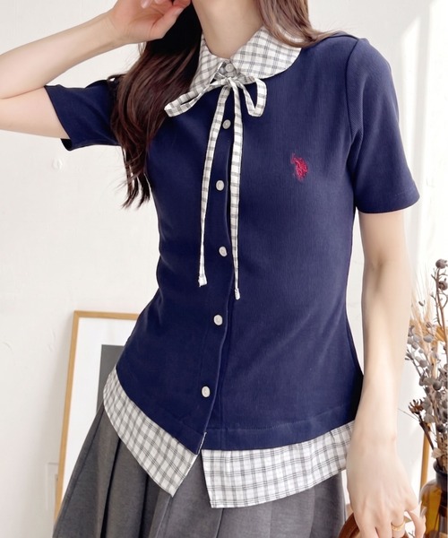 U.S. POLO ASSN.(ユーエスポロアッスン)の「【Ada.別注 U.S. POLO ASSN.】チェックドッキング リボン 半袖 カーディガン レイヤード風 トップス ◎(シャツ/ブラウス・レディース・ネイビー/ピンク/チャコール・FREE)」の2枚目の写真
