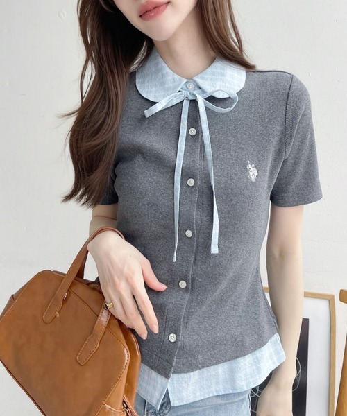 U.S. POLO ASSN.(ユーエスポロアッスン)の「【Ada.別注 U.S. POLO ASSN.】チェックドッキング リボン 半袖 カーディガン レイヤード風 トップス ◎(シャツ/ブラウス・レディース・ネイビー/ピンク/チャコール・FREE)」の16枚目の写真