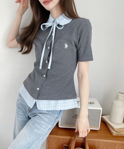 U.S. POLO ASSN.(ユーエスポロアッスン)の「【Ada.別注 U.S. POLO ASSN.】チェックドッキング リボン 半袖 カーディガン レイヤード風 トップス ◎(シャツ/ブラウス・レディース・ネイビー/ピンク/チャコール・FREE)」の17枚目の写真