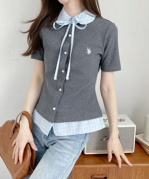 U.S. POLO ASSN.(ユーエスポロアッスン)の「【Ada.別注 U.S. POLO ASSN.】チェックドッキング リボン 半袖 カーディガン レイヤード風 トップス ◎(シャツ/ブラウス・レディース・ネイビー/ピンク/チャコール・FREE)」の19枚目の写真