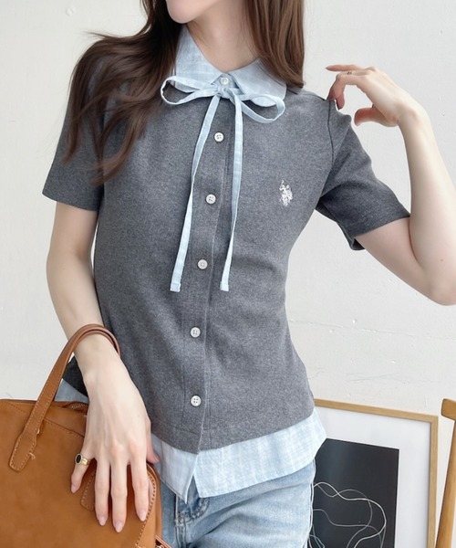 U.S. POLO ASSN.(ユーエスポロアッスン)の「【Ada.別注 U.S. POLO ASSN.】チェックドッキング リボン 半袖 カーディガン レイヤード風 トップス ◎(シャツ/ブラウス・レディース・ネイビー/ピンク/チャコール・FREE)」の21枚目の写真