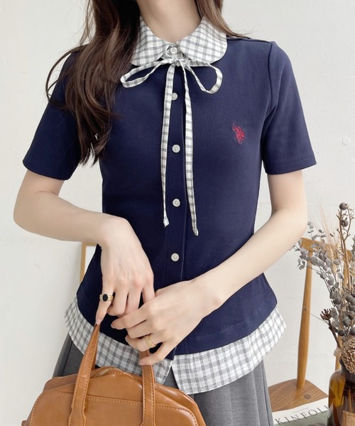 U.S. POLO ASSN.(ユーエスポロアッスン)の「【Ada.別注 U.S. POLO ASSN.】チェックドッキング リボン 半袖 カーディガン レイヤード風 トップス ◎(シャツ/ブラウス・レディース・ネイビー/ピンク/チャコール・FREE)」の22枚目の写真