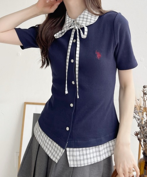 U.S. POLO ASSN.(ユーエスポロアッスン)の「【Ada.別注 U.S. POLO ASSN.】チェックドッキング リボン 半袖 カーディガン レイヤード風 トップス ◎(シャツ/ブラウス・レディース・ネイビー/ピンク/チャコール・FREE)」の5枚目の写真